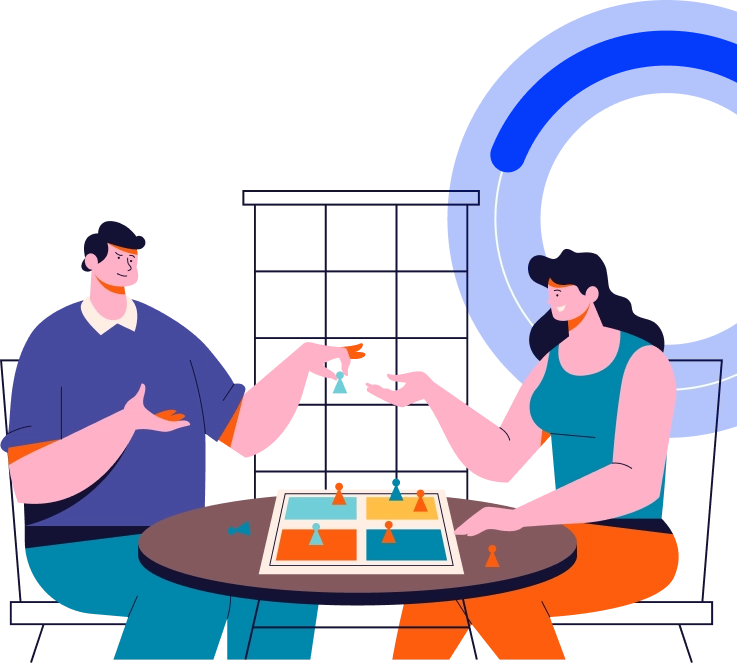 illustration of two players sitting at a table and playing a strategic board game together, moving pieces on a colorful game board during a friendly competitive match in a club-style environment